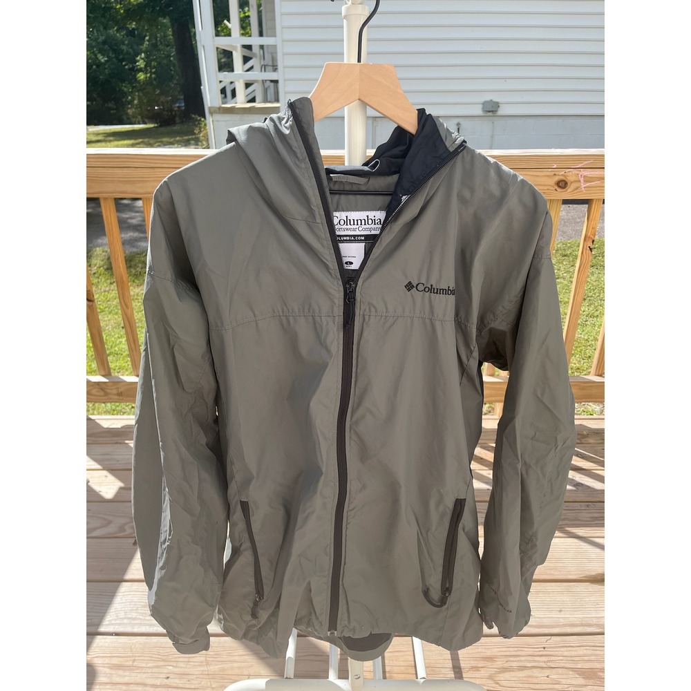Columbia Mens Gray Ripstop Hooded Windbreaker Jacket Large Full Zip Hiking Coat